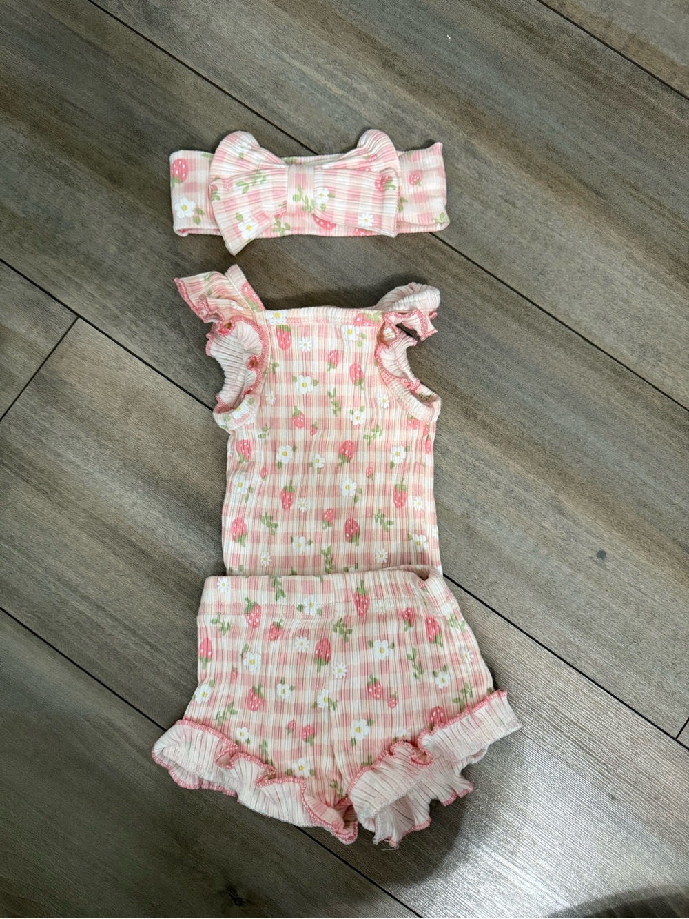 Pink Strawberry Print Ruffle Tank & Shorts Matching Set with Headband